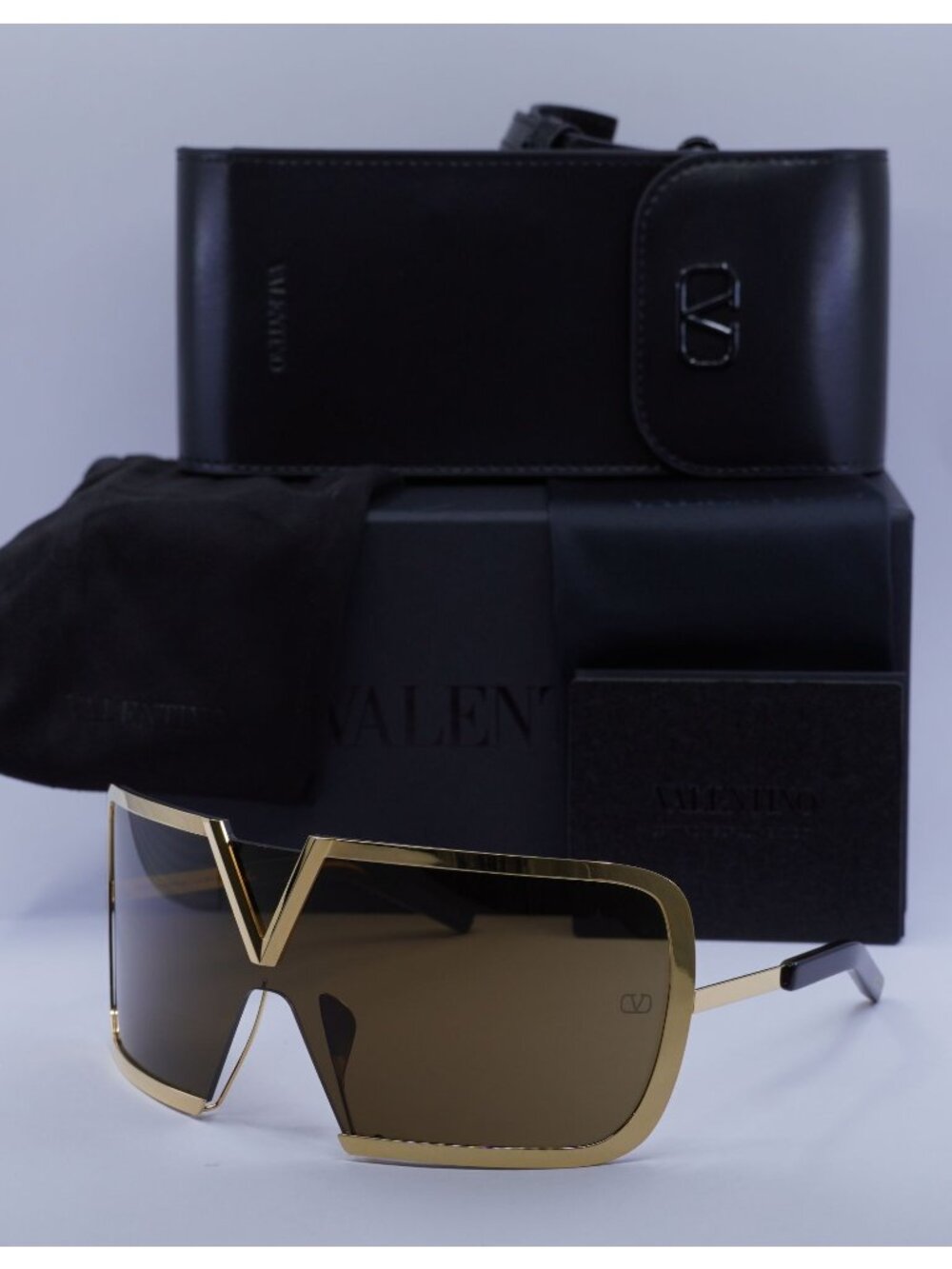 Valentino V-ROMASK VLS-120B Shield Sunglasses - Gold / Brown AR
